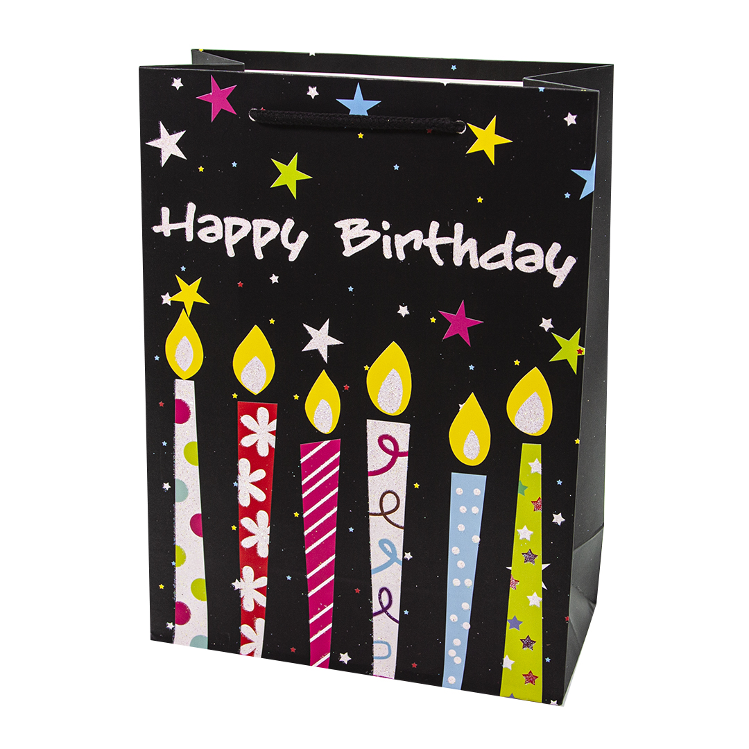 Пакет подарочный С Днем Рождения! Разноцветные свечи Черный с блестками 32*26*10см