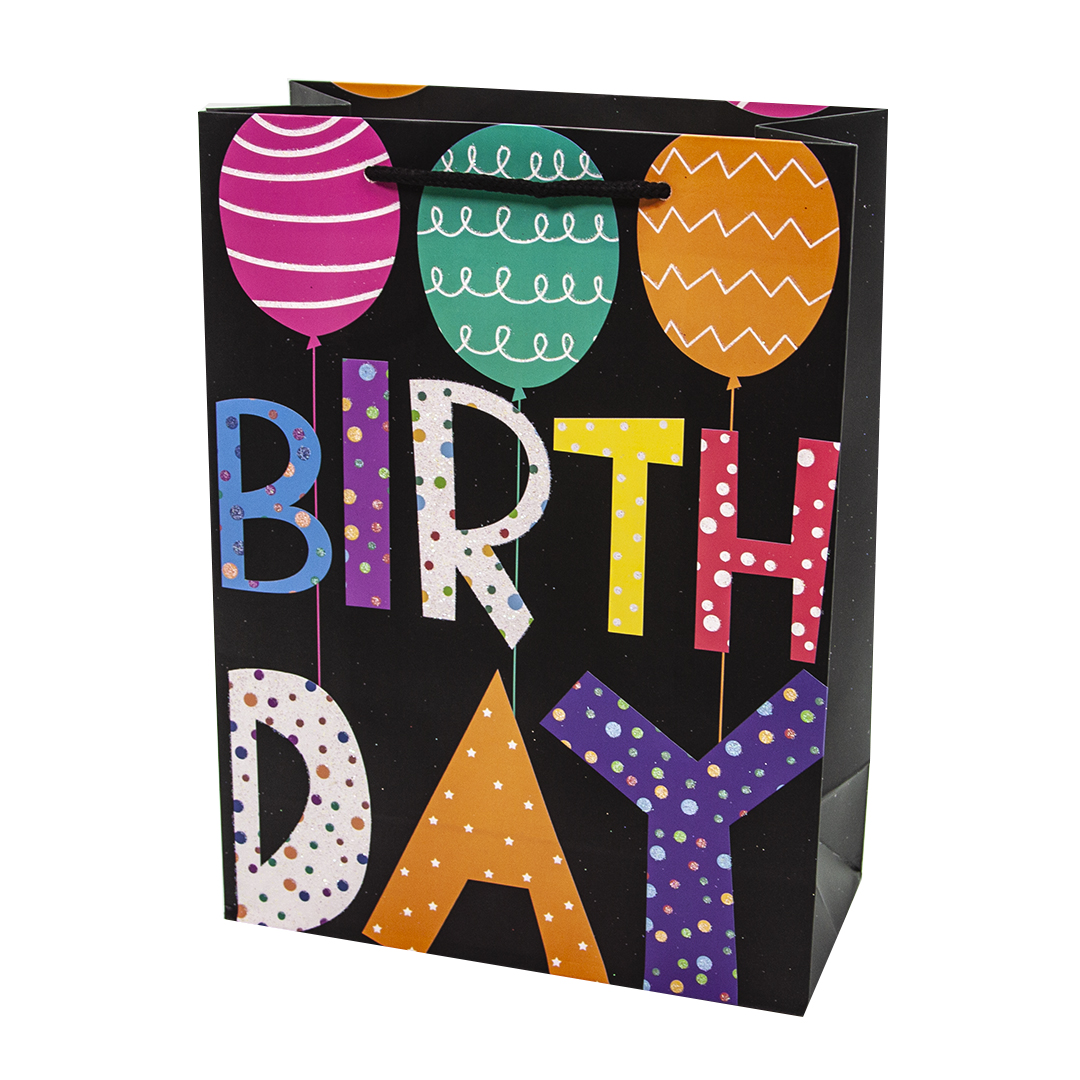 Пакет подарочный С Днем Рождения! Модные буквы Черный с блестками 32*26*10см