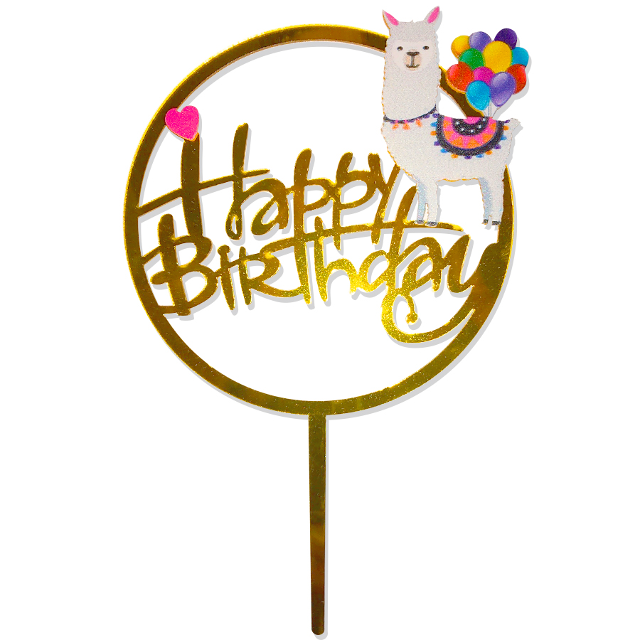 Топпер в торт Happy Birthday (лама и шарики) Золото