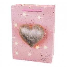 Пакет подарочный Сверкающее сердце Розовый 40*31*12см