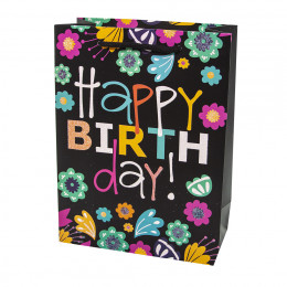 Пакет подарочный С Днем Рождения! Разноцветные цветы Черный с блестками 40*31*12см