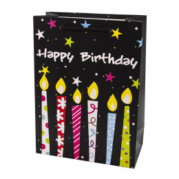 Пакет подарочный С Днем Рождения! Разноцветные свечи Черный с блестками 40*31*12см