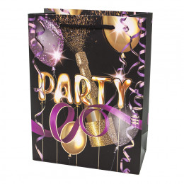 Пакет подарочный Вечеринка Шампанское и серпантин Черный Металлик 40*31*12см