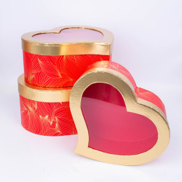 Набор коробок Сердце Красный с золотыми листьями (с прозрачной крышкой) L31x26x13.5cm M27.5x23x11.5c